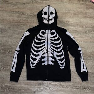 XXX Rude Hot Topic black white skeleton emo goth Halloween zip up hoodie medium